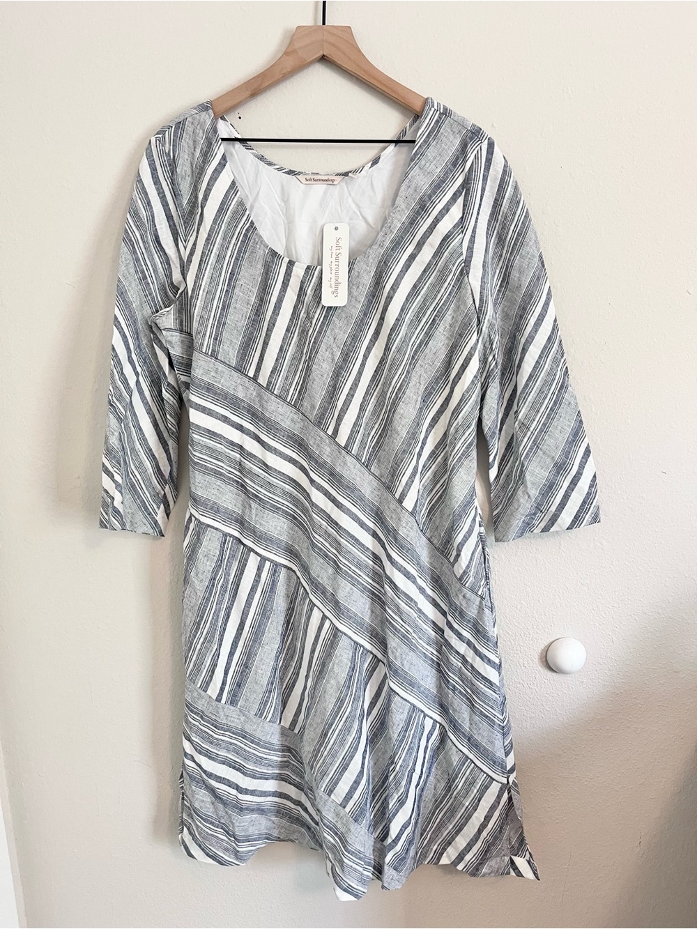 Soft Surroundings Sonya Linen Dress Beachy White & Blue Stripes Sz Large Petite